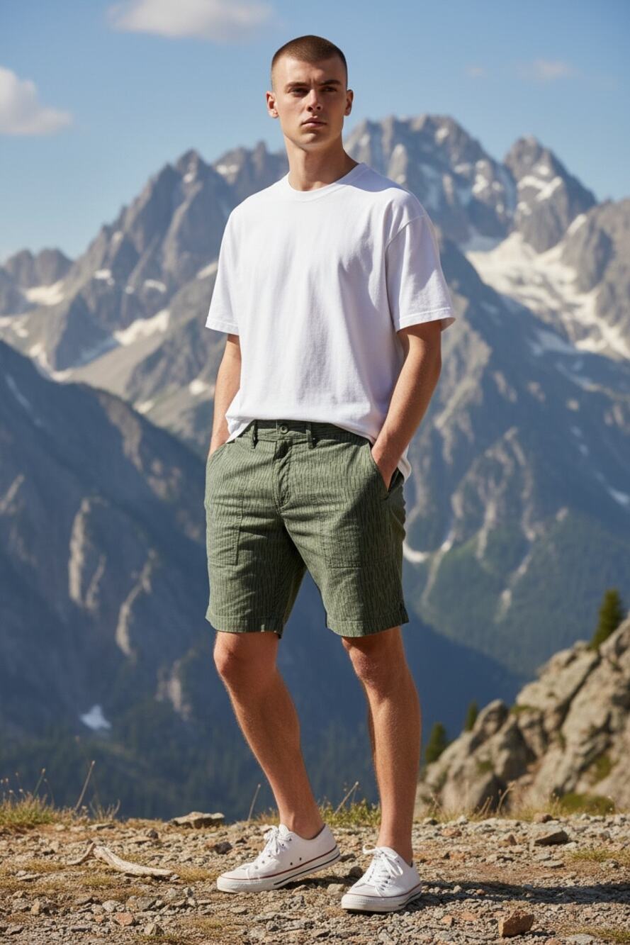 Taylor Stitch Rain Camo Shorts Size 32 Green Organic Cotton USA Made 7.5" Inseam